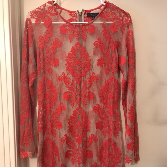 Honey Punch Embroidered Lace Mesh Dress Nude/Coral - Picture 3 of 3